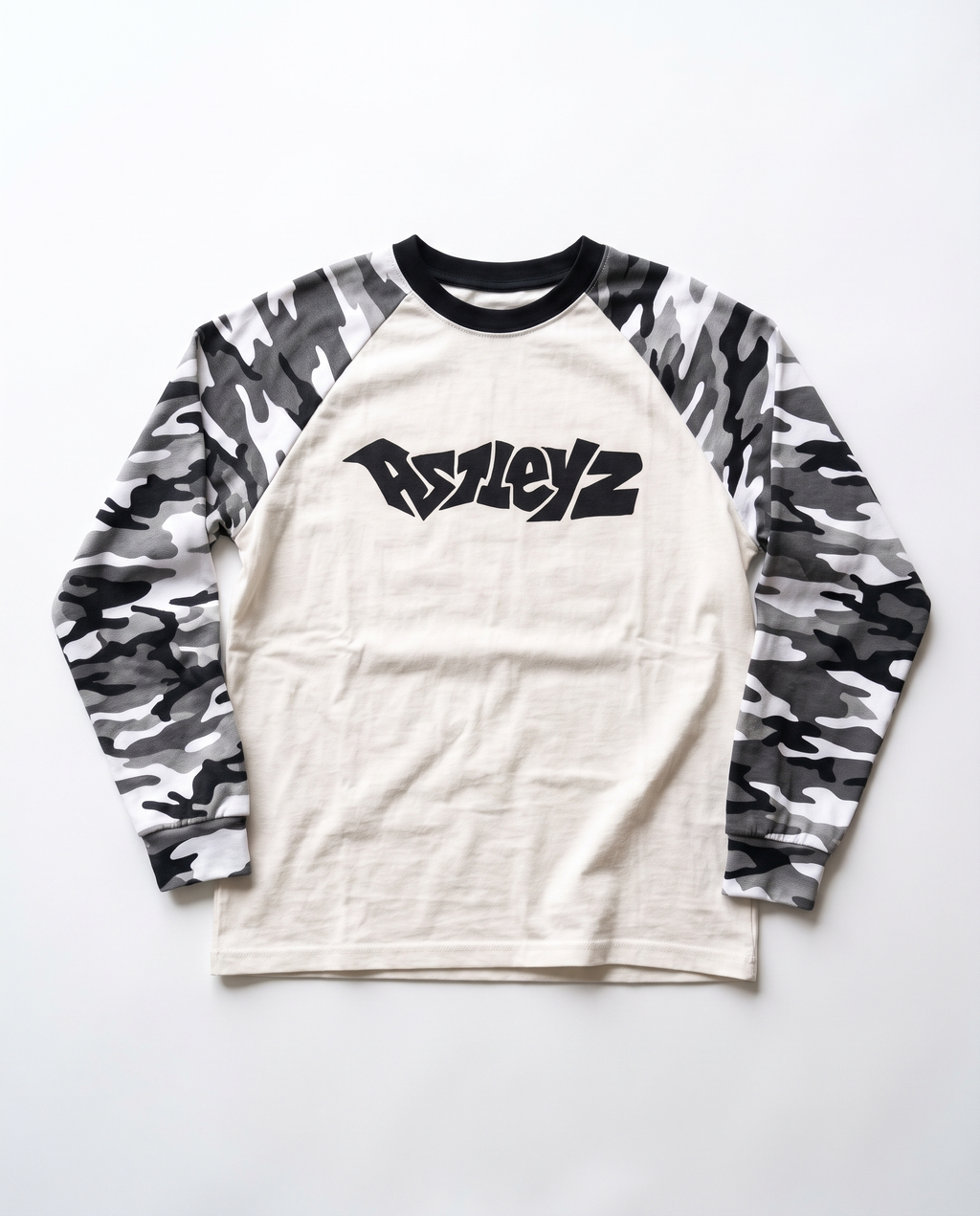 Astleyz Snow Camo Raglan – flat lay