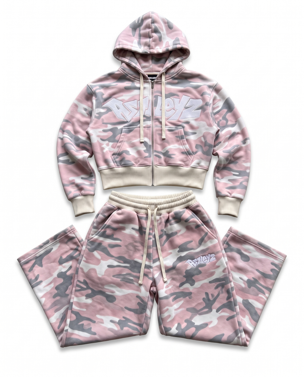 Astleyz Pink Camo Zip Set – flat lay