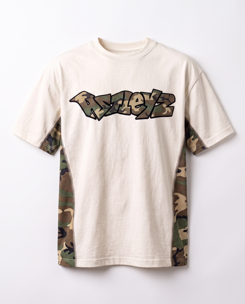 Astleyz Camo Panel Tee – flat lay