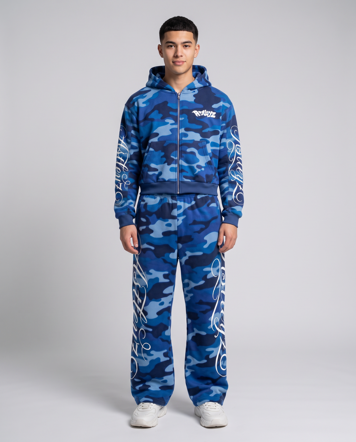 Astleyz Blue Script Camo Set – worn